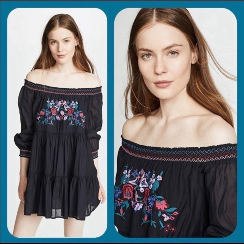 Free People Sunbeam Embroidered Boho Black Off The Shoulder Mini Dress Medium